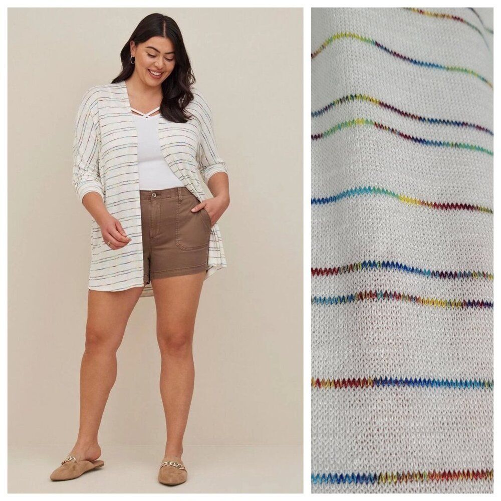 Torrid Cardigan Dolman Sleeve Long Open Front White Rainbow Multi Stripe Size 0X